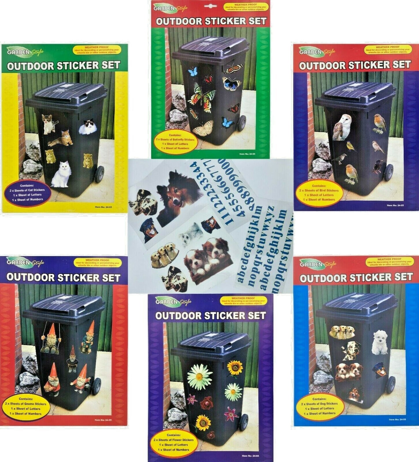 Decorative Wheelie Bin Stickers Outdoor Numbers Flowers Dogs Cats Bird Gnomes