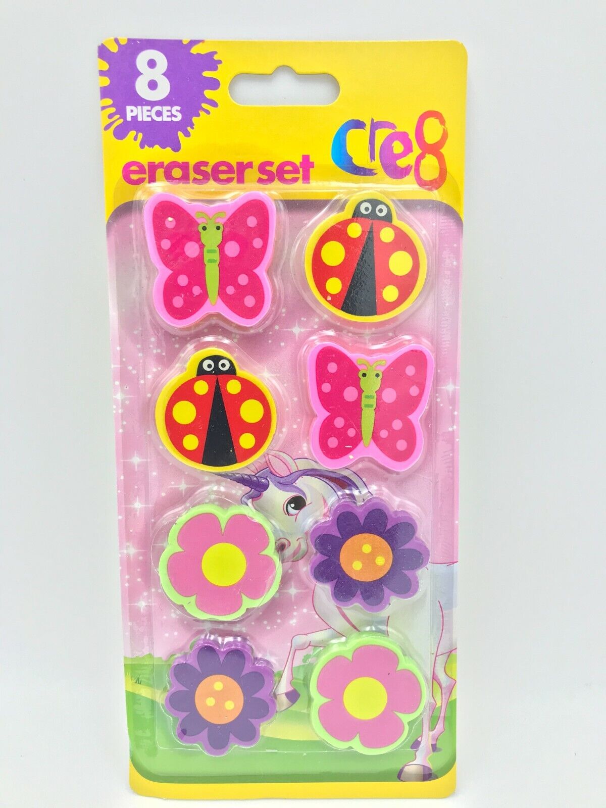8 Pack Flowers/Butterfly/Ladybird Eraser Set